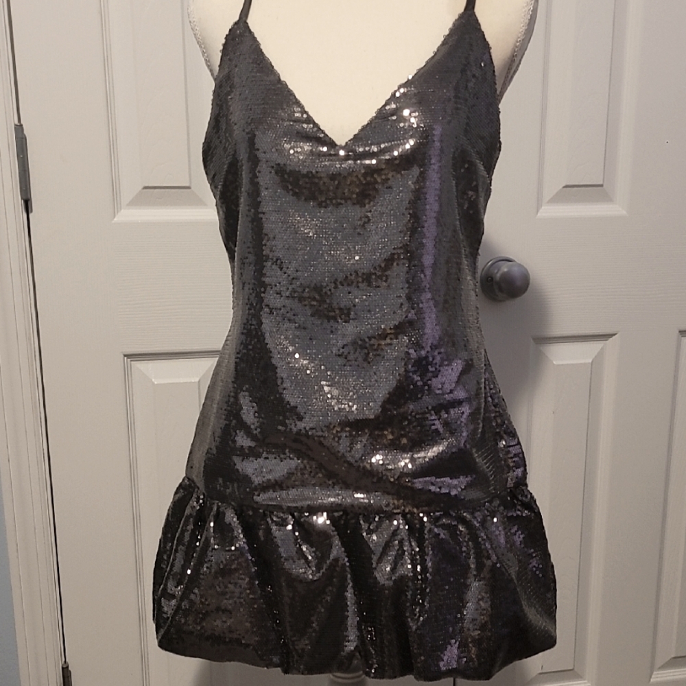 Shimmering Dark Silver Sequin Mini Dress For New Year's!